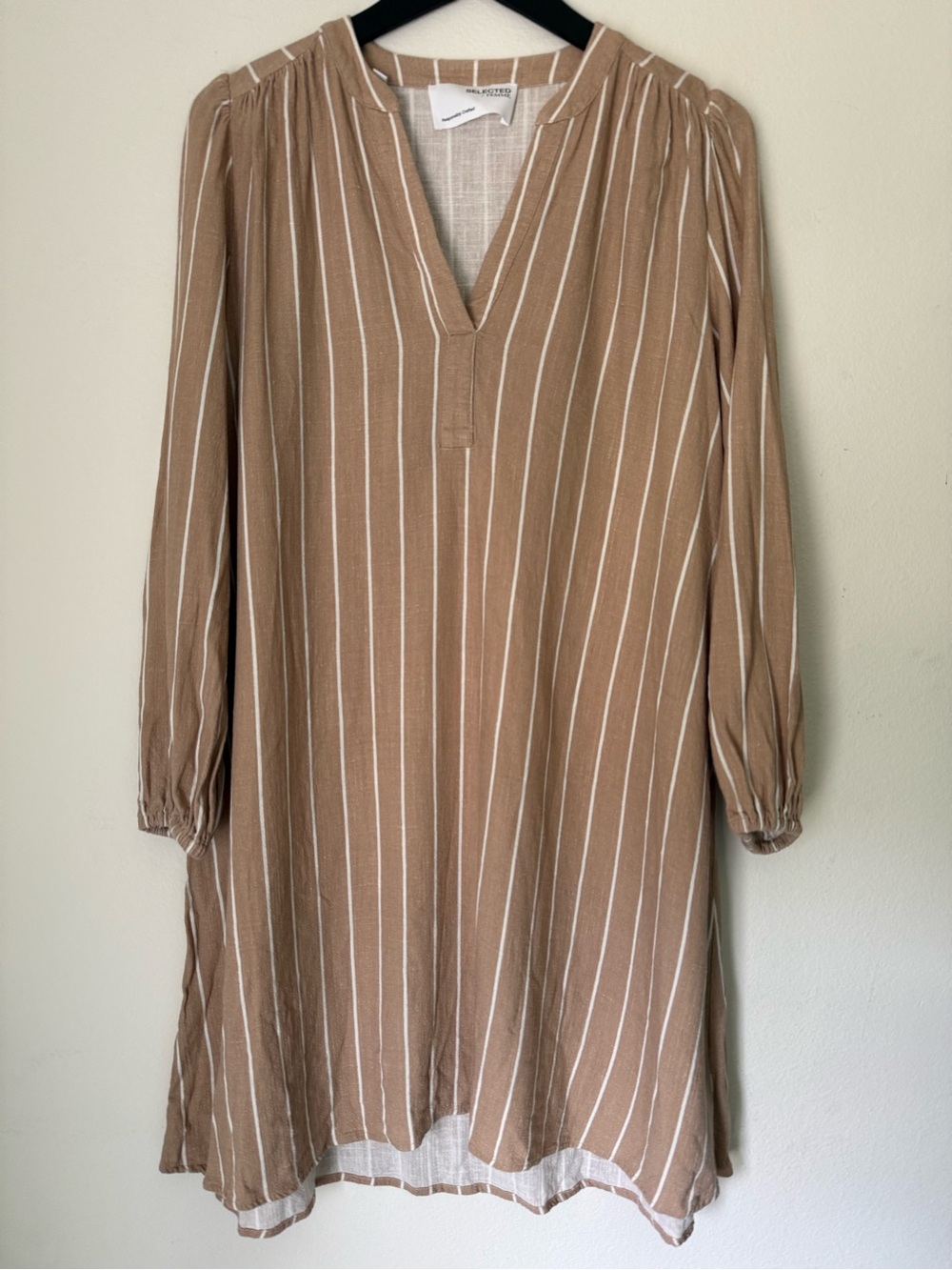 Selected Femme Linen Blend SLFVIVA Striped Tunic Dress EU 38 US M Tan/White
